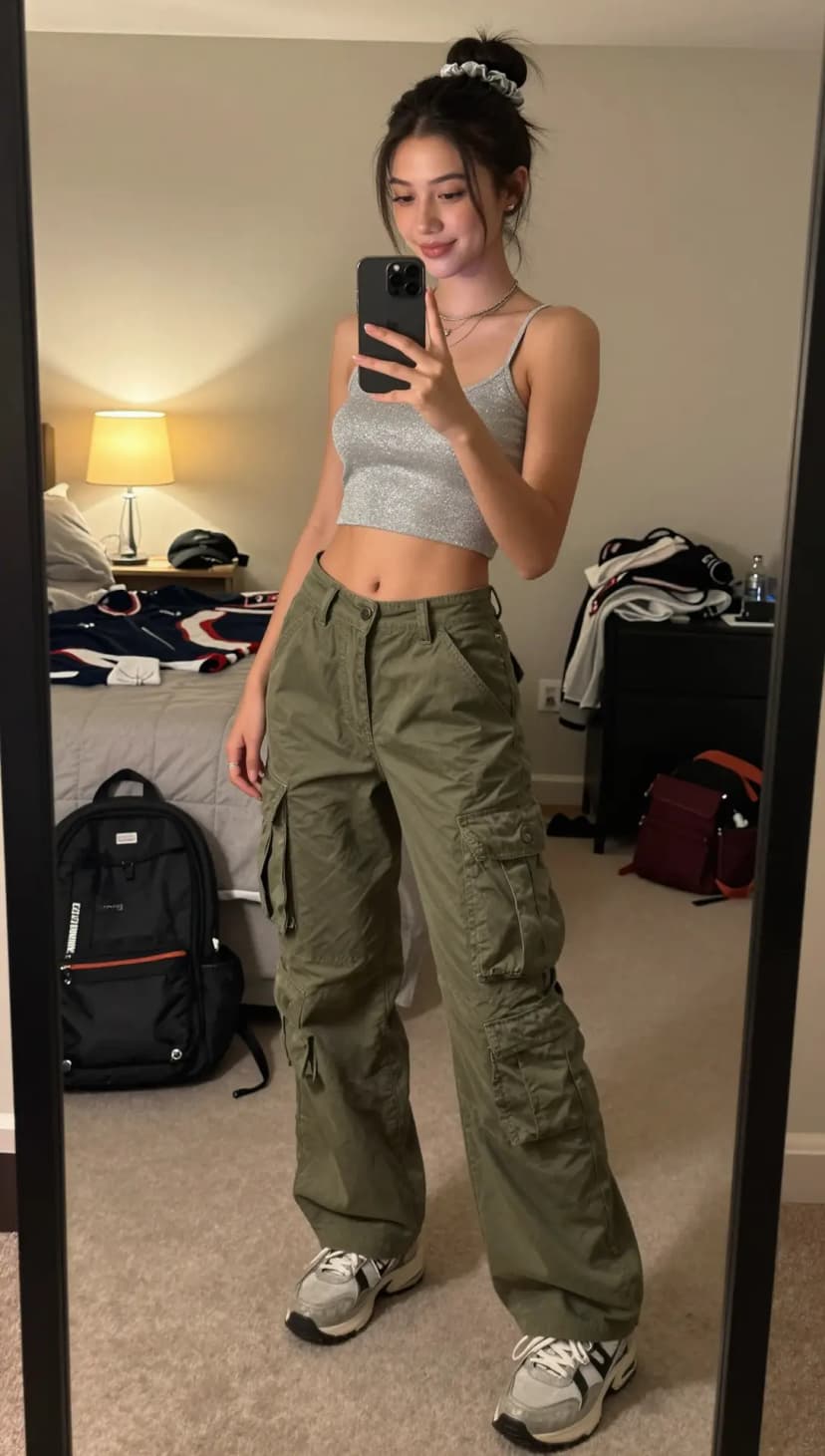 Silver Glitter Crop Top + Olive Green Cargo Pants