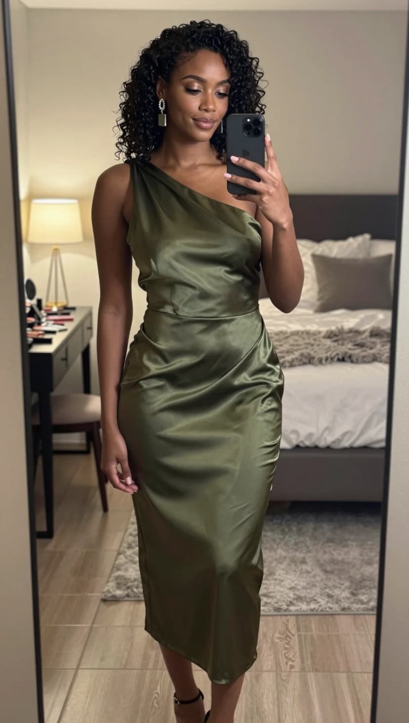 Olive Satin One-Shoulder Midi Dress + Black Strappy Heels + Gold Square Drop Earrings