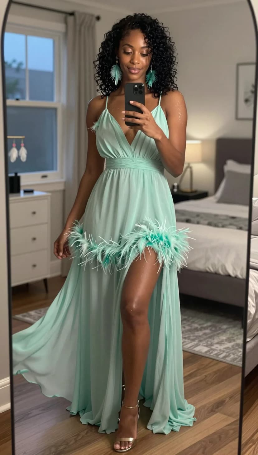 Mint Chiffon Feather Maxi Dress + Gold Strappy Heels + Teal Feather Earrings