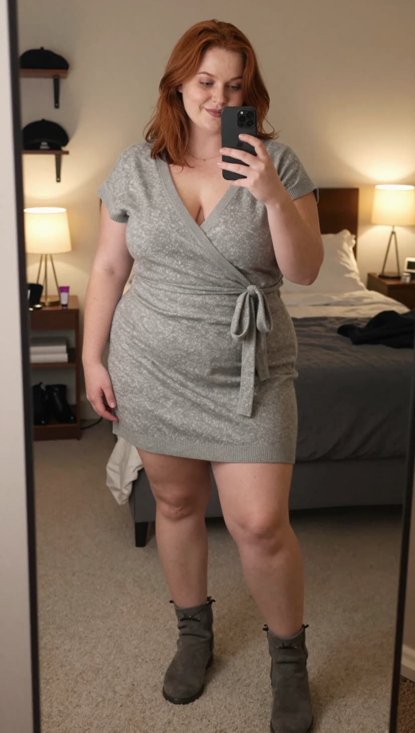 Grey Floral Knit Wrap Dress + Grey Suede Ankle Boots