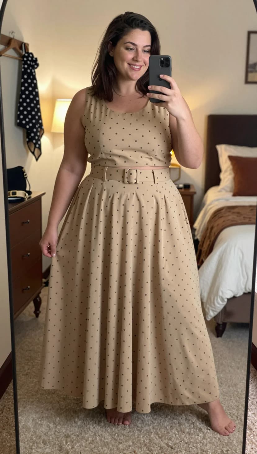 Beige Polka Dot Crop Top + Beige Polka Dot Midi Skirt