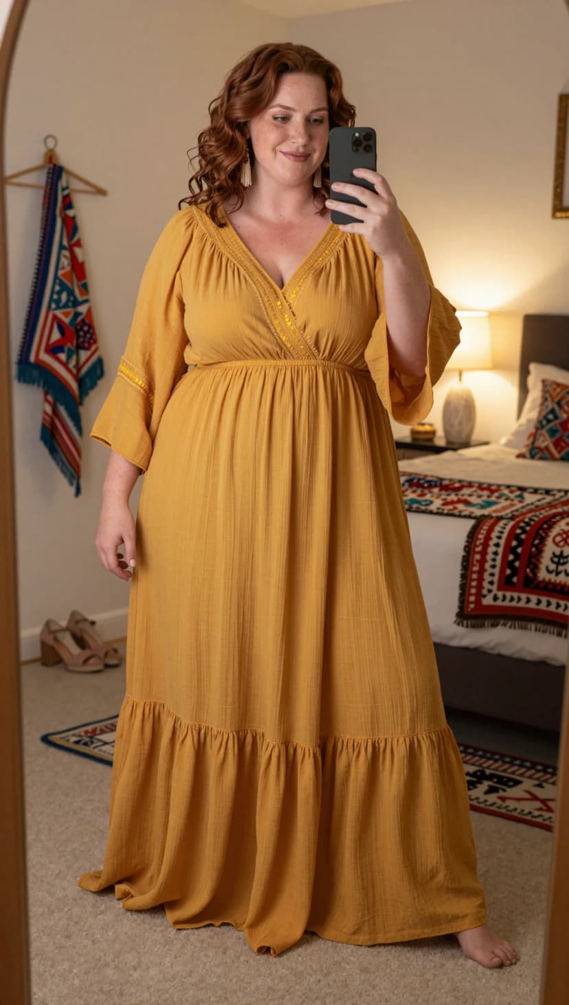 Mustard Gauze Maxi Dress + Nude Block Heels
