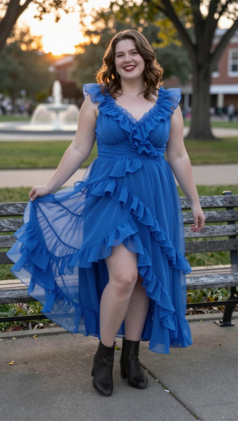 Cobalt Chiffon Ruffle Dress + Black Leather Boots