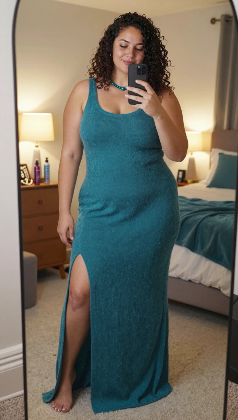 Teal Fuzzy Knit Maxi Dress + Teal Beaded Necklace