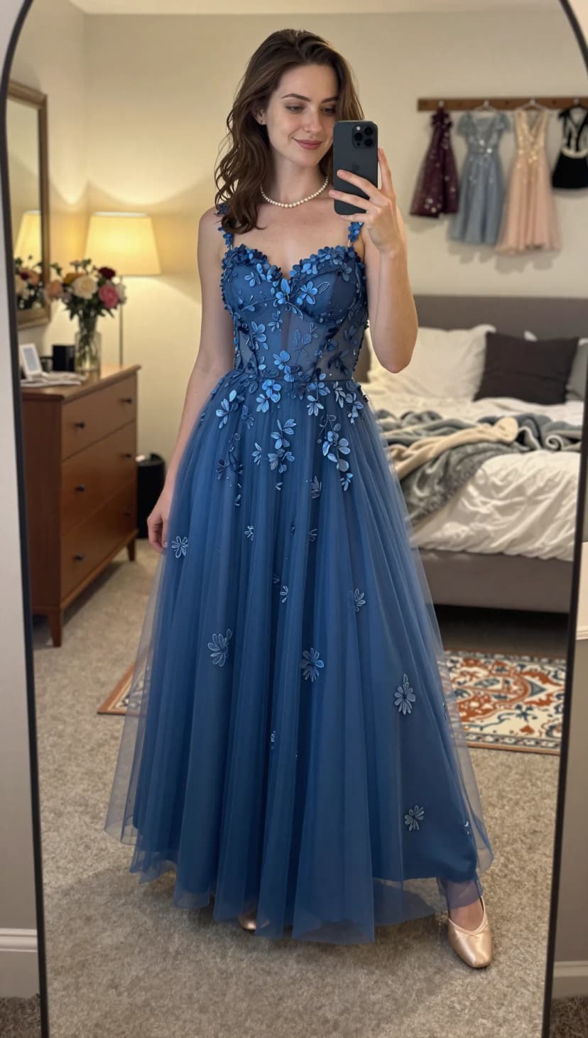 Blue Tulle Floral Gown + Champagne Ballet Flats