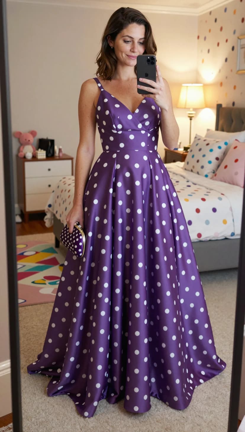 Purple Polka Dot Satin Gown + Matching Polka Dot Clutch
