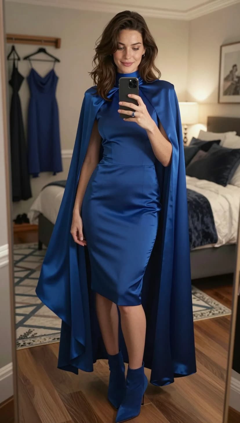 Royal Blue Satin Dress + Royal Blue Cape + Royal Blue Satin Boots