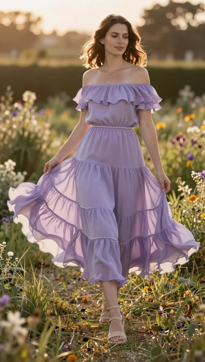Lavender Chiffon Ruffle Dress + Beige Strappy Heels