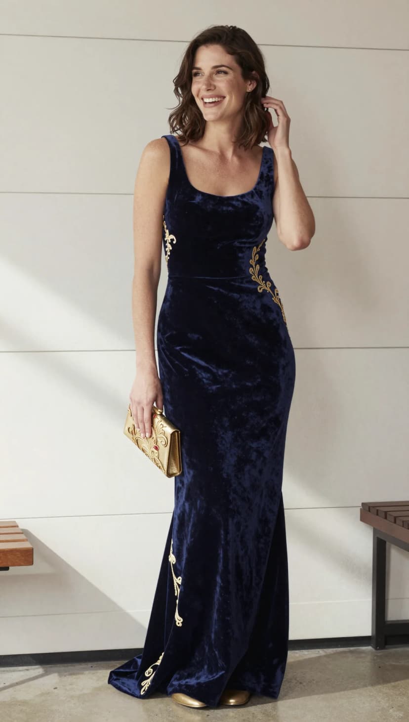 Navy Velvet Gown + Gold Embellished Clutch