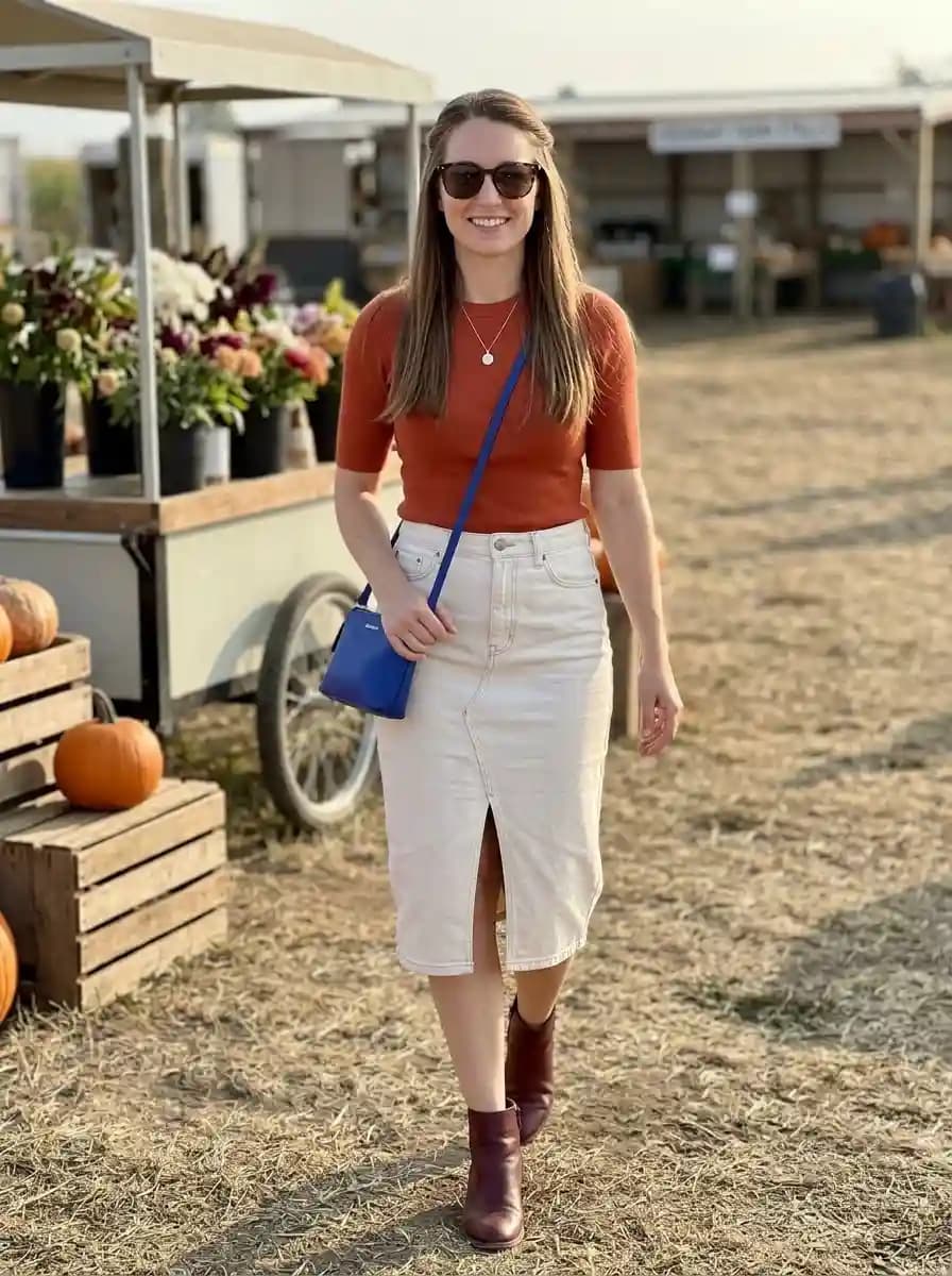 Rust knit top tucked into white denim midi skirt with brown ankle boots