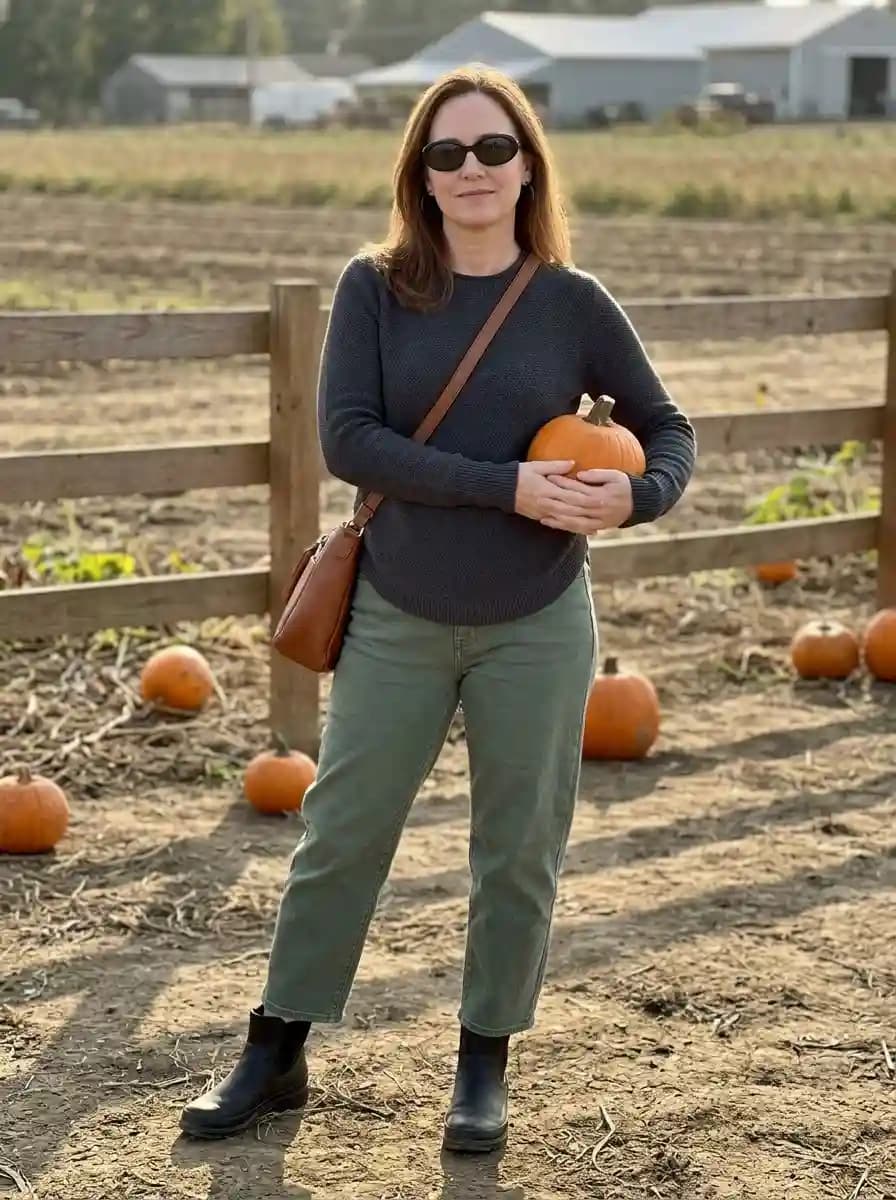 Charcoal sweater with olive green pants and black Chelsea boots