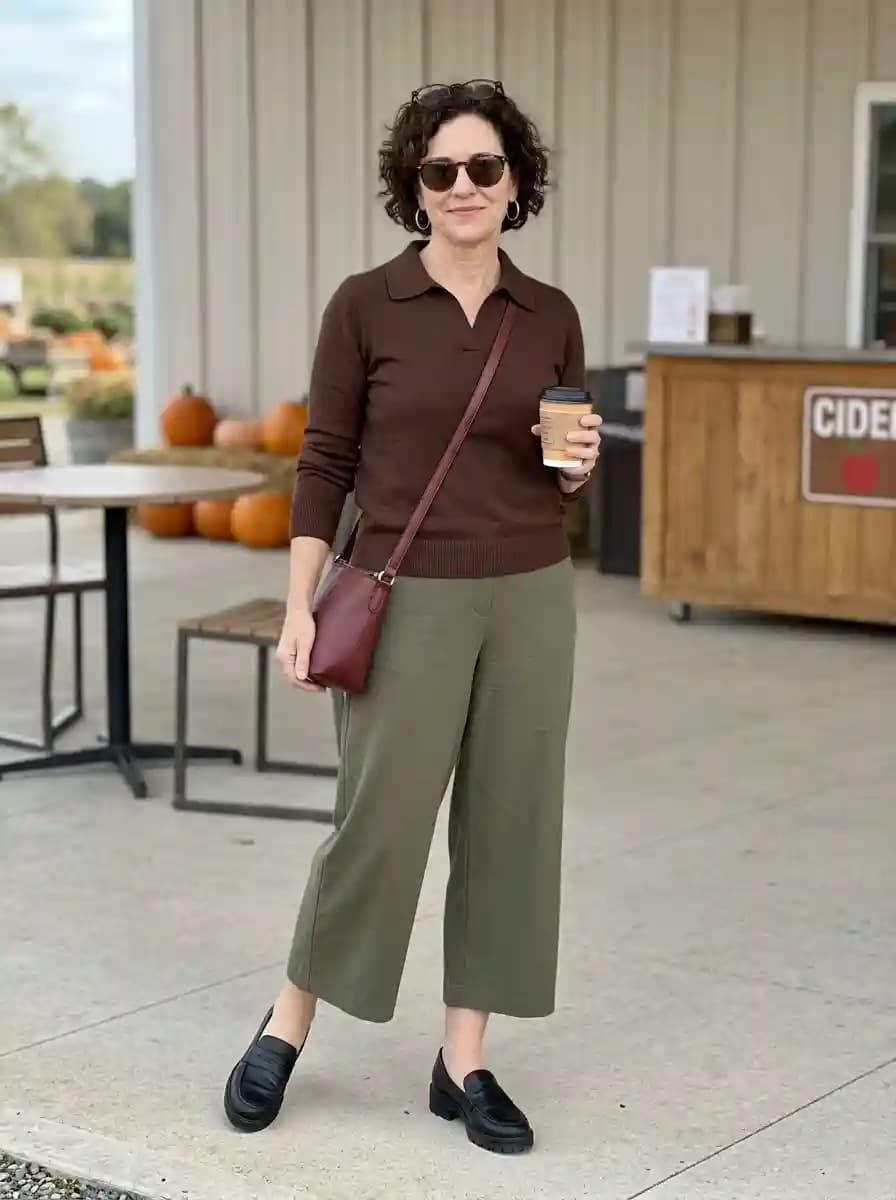 Chocolate brown collared sweater with cropped wide-leg olive culottes and chunky black loafers