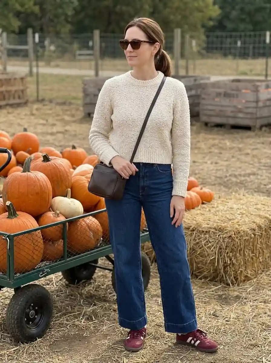 Cream textured sweater with dark-wash wide-leg jeans and burgundy sneakers