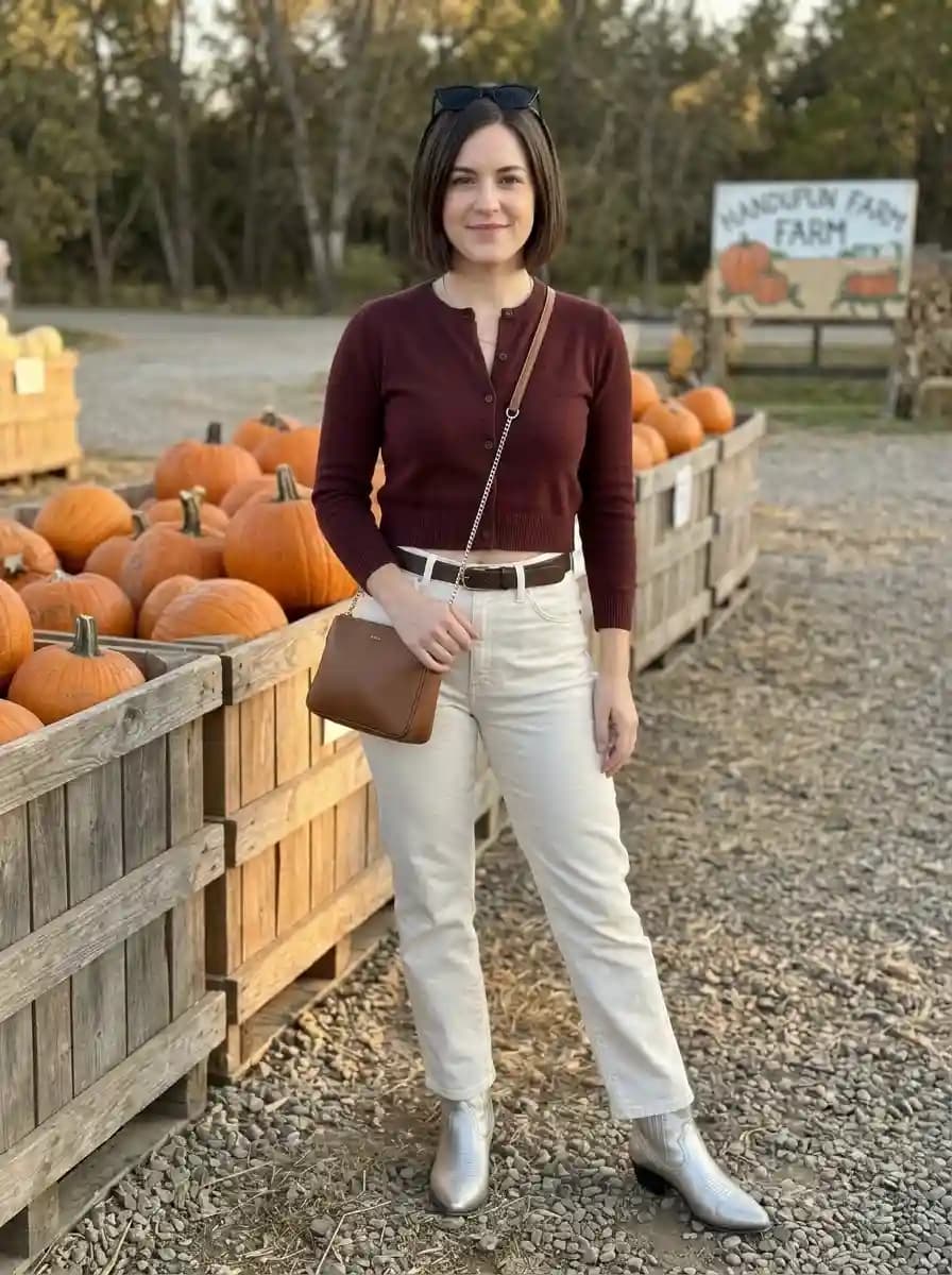 Fitted burgundy cardigan with high-waisted off-white jeans and metallic silver boots