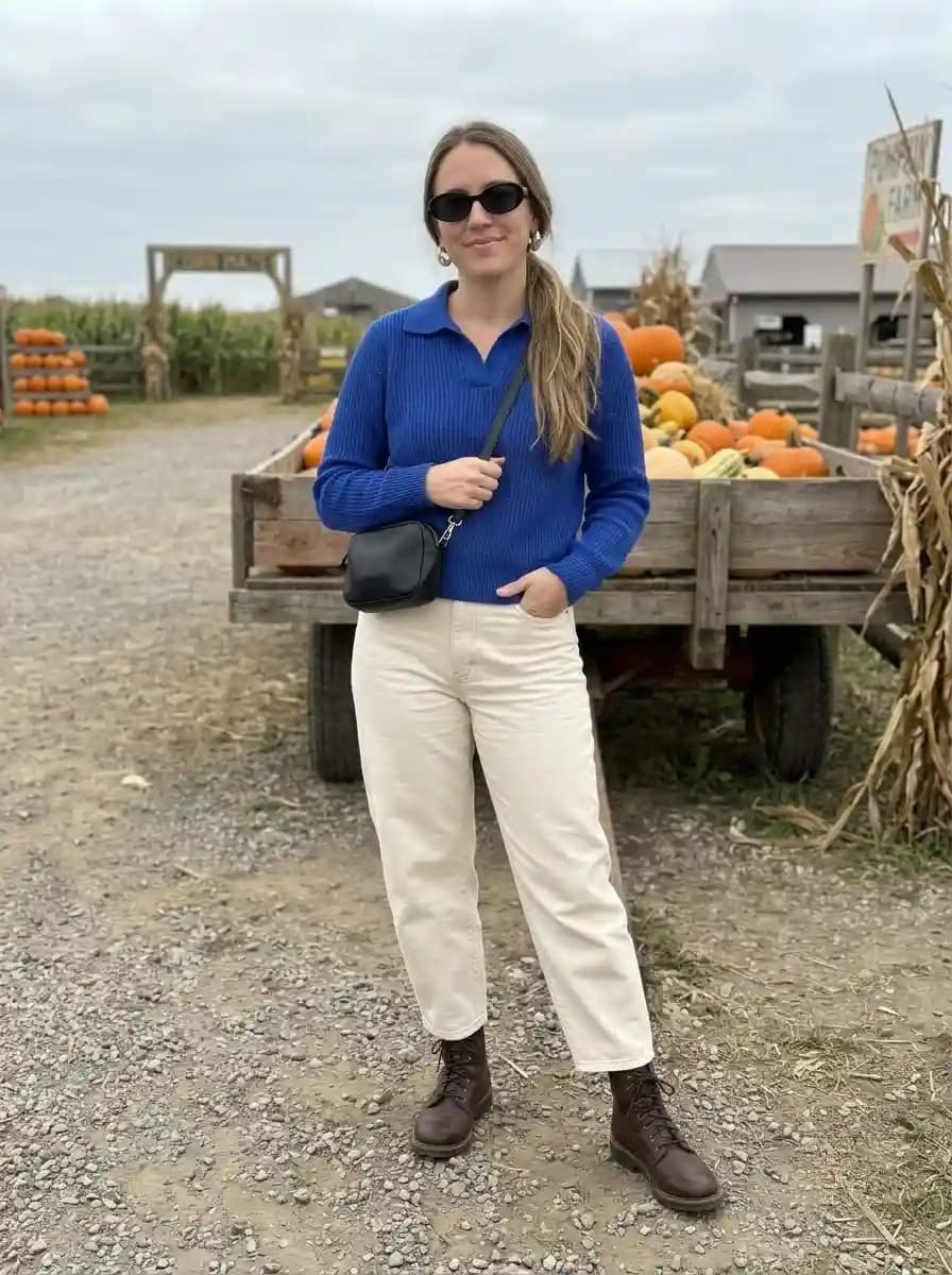 Royal blue collared sweater with off-white pants and dark brown lace-up boots