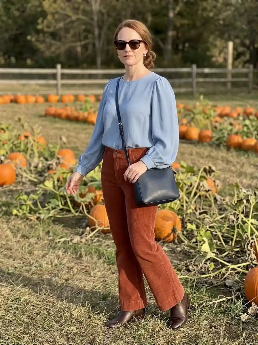 Light blue puff-sleeve blouse with rust corduroy pants and dark brown ankle boots