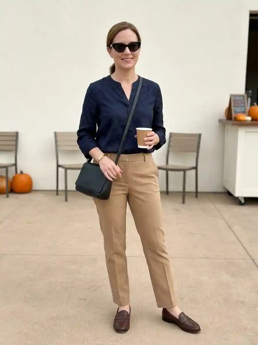 Navy blouse tucked into tailored tan pants with brown leather loafers