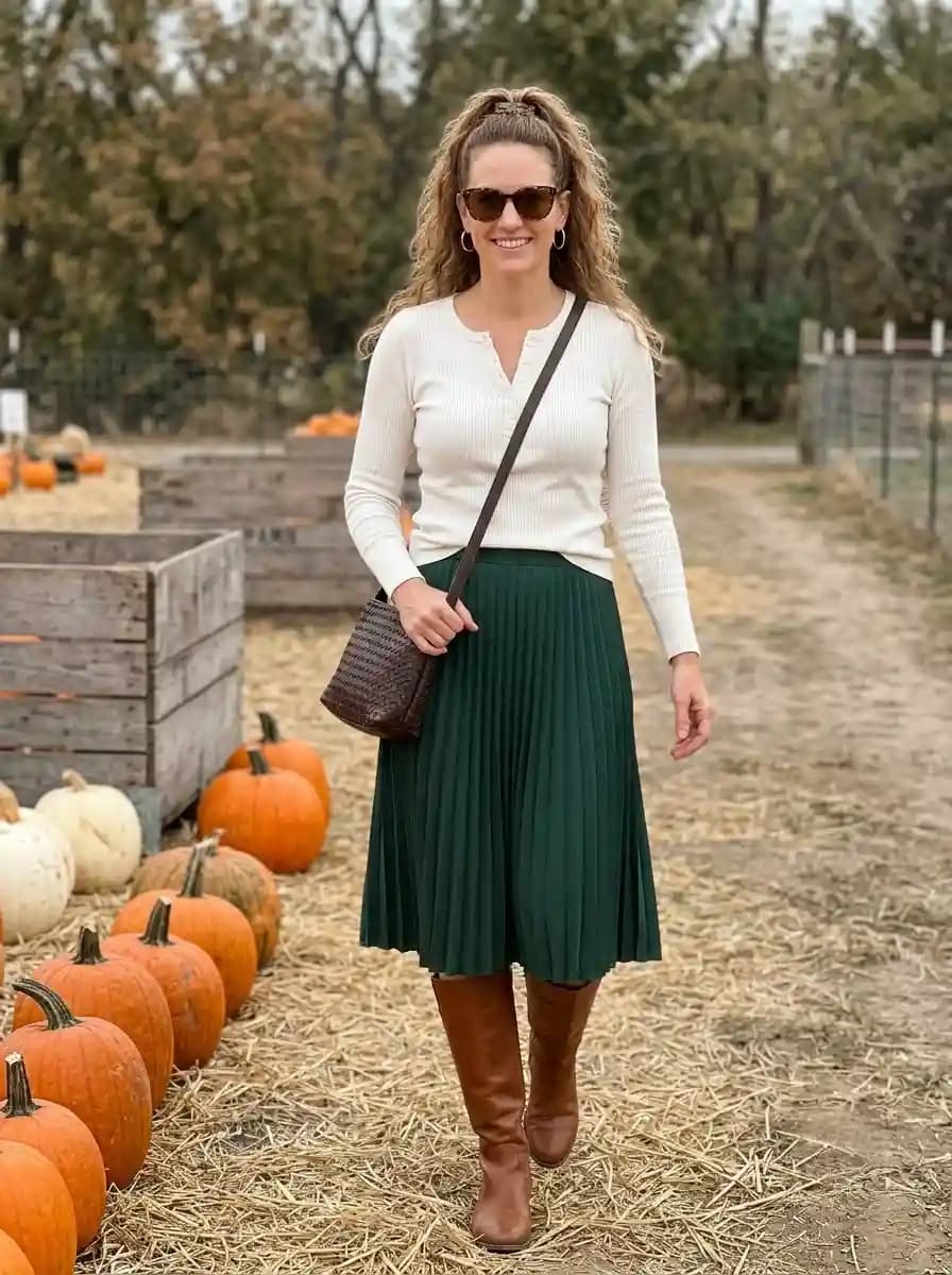 Cream ribbed long-sleeve top with forest green pleated midi skirt and cognac knee-high boots