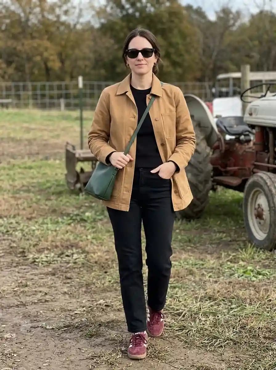 Camel tan workwear jacket over black sweater and black jeans with burgundy sneakers