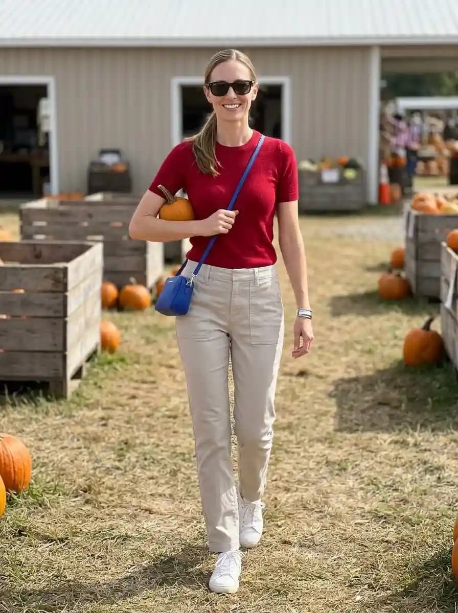 Fitted red short-sleeve knit top with khaki utility cargo pants and white sneakers