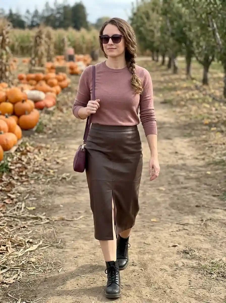 Dusty rose long-sleeve sweater with brown faux-leather midi skirt and black combat boots
