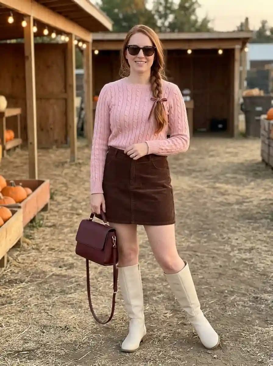 Dusty pink cable-knit sweater with brown corduroy mini skirt and cream knee-high boots
