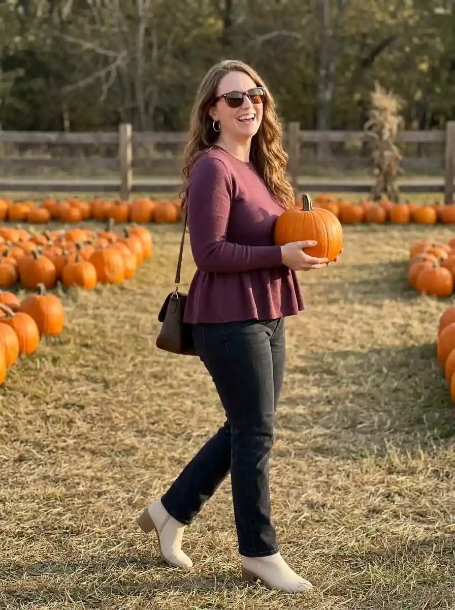 Fitted burgundy peplum top with dark-wash jeans and cream ankle boots