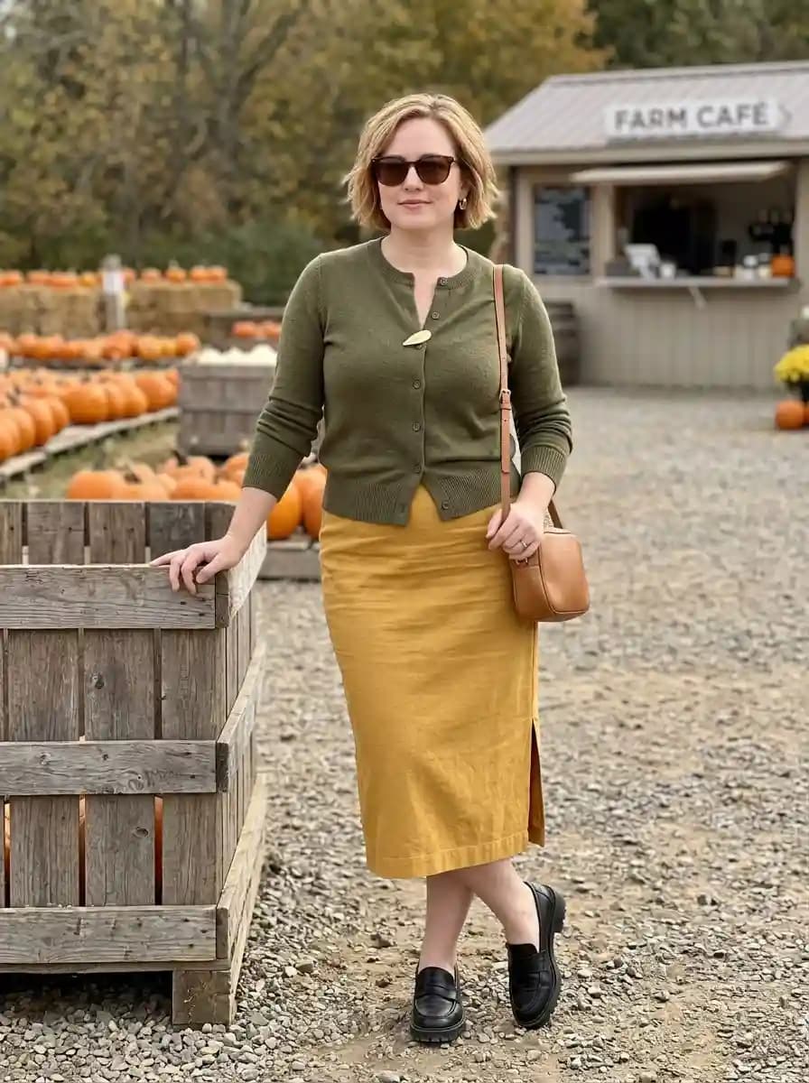 Olive cardigan with mustard midi skirt and black loafers