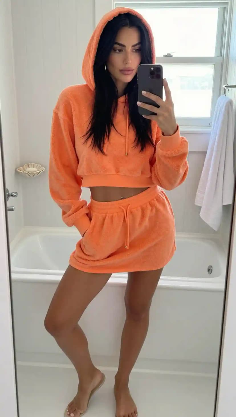 Orange Terry Cloth Cropped Hoodie + Terry Cloth Mini Skirt