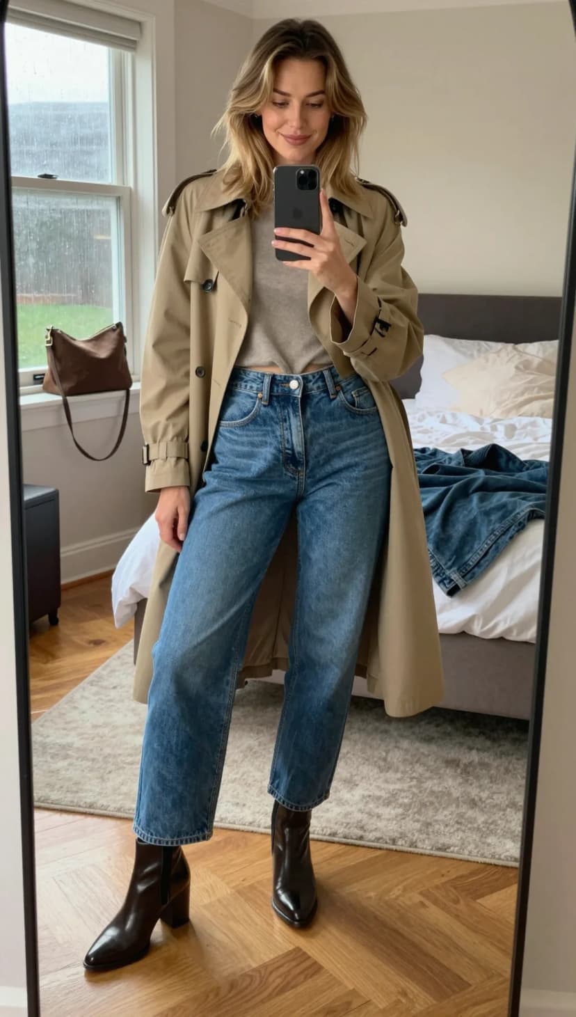 Beige Cotton Trench Coat + Grey Jersey Knit Top + Medium Wash Denim Jeans + Brown Leather Ankle Boots