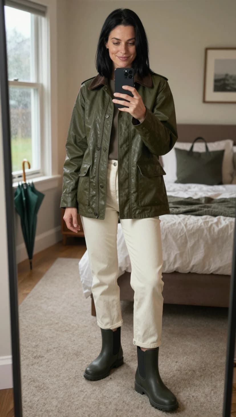 Olive Waxed Cotton Jacket + Taupe Crew Neck T-shirt + Cream Denim Jeans + Olive Rubber Chelsea Boots
