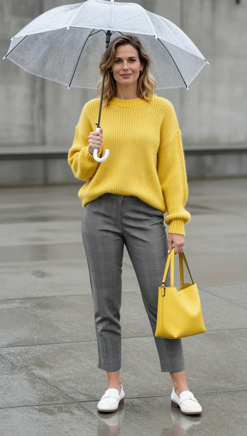 Yellow Knit Sweater + Grey Plaid Trousers + White Loafers