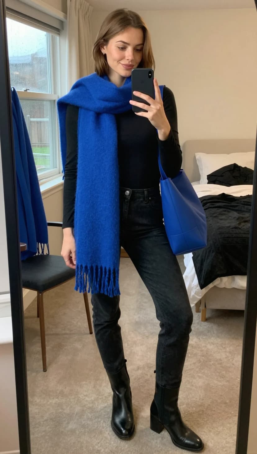 Black Long Sleeve Top + Black Denim Jeans + Black Leather Boots + Royal Blue Wool Scarf + Royal Blue Leather Tote Bag