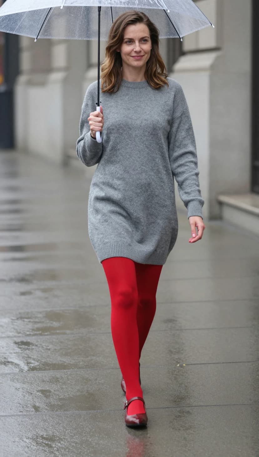 Grey Knit Sweater Dress + Red Tights + Burgundy Mary Janes