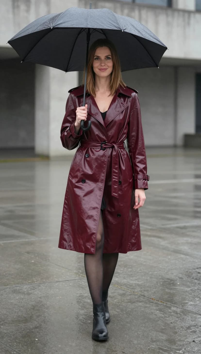 Burgundy Faux Leather Trench Coat + Black Mini Dress + Black Ankle Boots