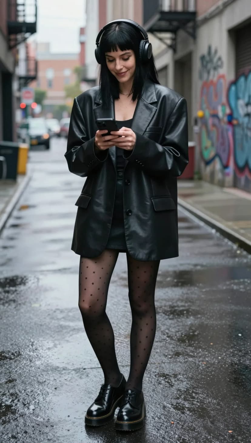 Black Faux Leather Oversized Blazer + Black Mini Slip Dress + Black Polka Dot Tights + Black Patent Leather Platform Loafers