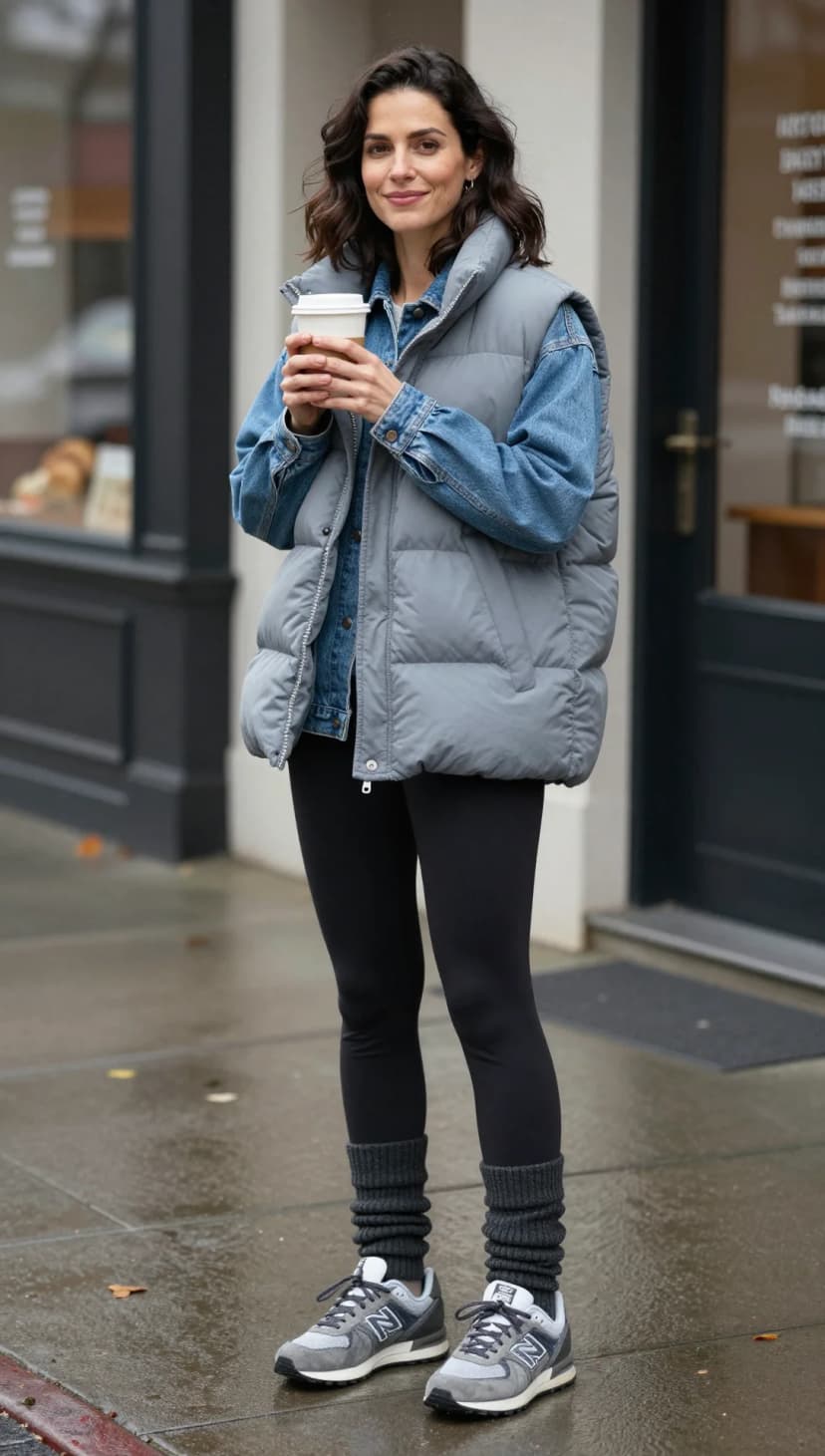 Grey Puffer Vest + Blue Denim Jacket + Black Leggings + Grey Ribbed Socks