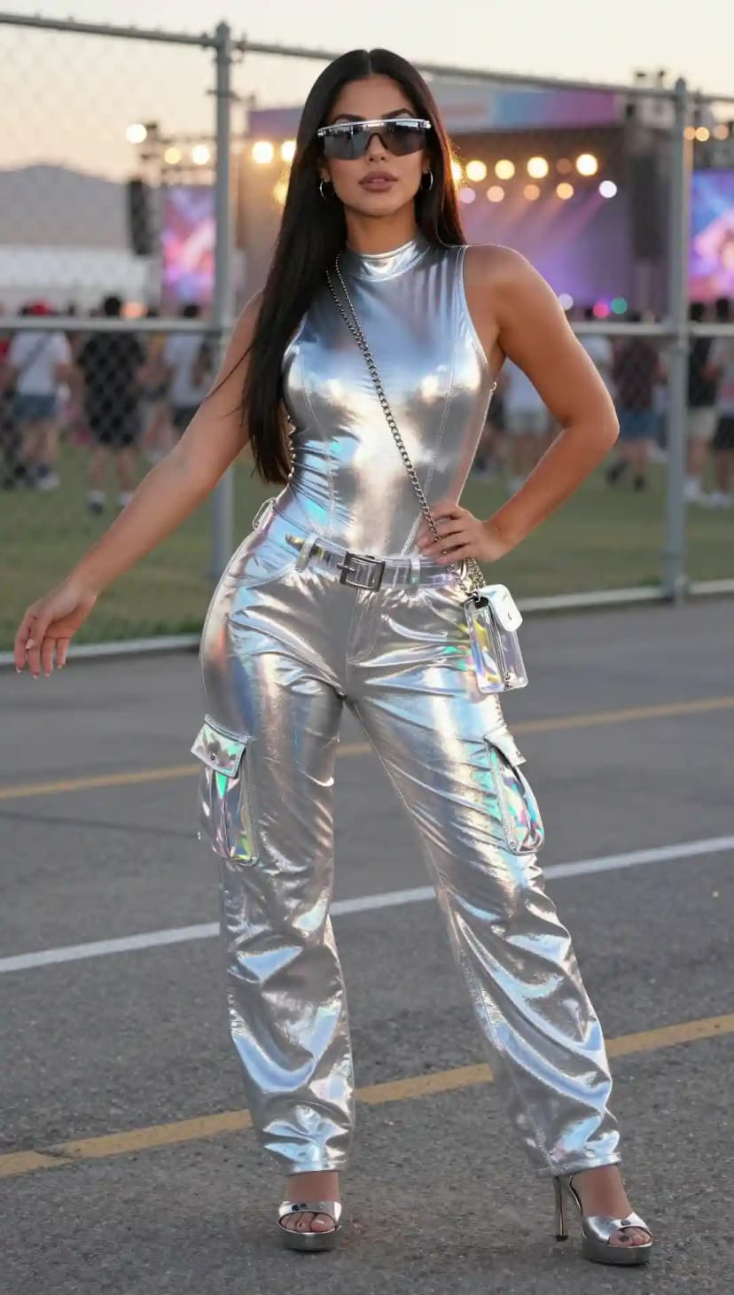 Silver Metallic Sleeveless Bodysuit + Silver Metallic Cargo Pants