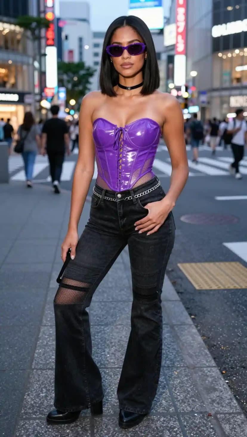 Purple Vinyl Corset Top + Black Distressed Denim Flare Jeans