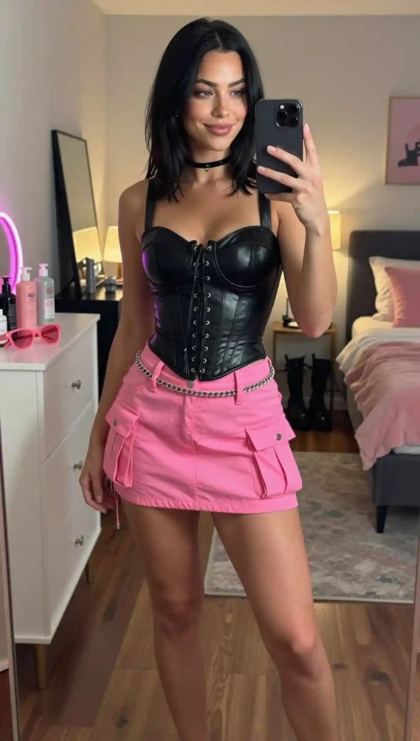 Black Faux Leather Corset + Pink Cargo Mini Skirt