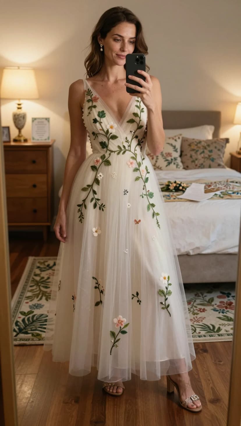 Cream Tulle Embroidered Gown + Embellished Heeled Sandals