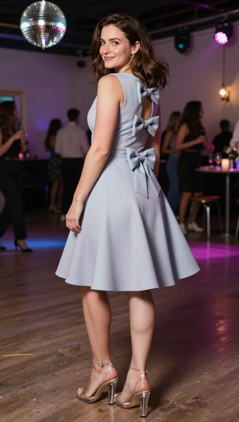 Light Blue Scuba Fit-and-Flare Dress with Bows + Clear Block Heels
