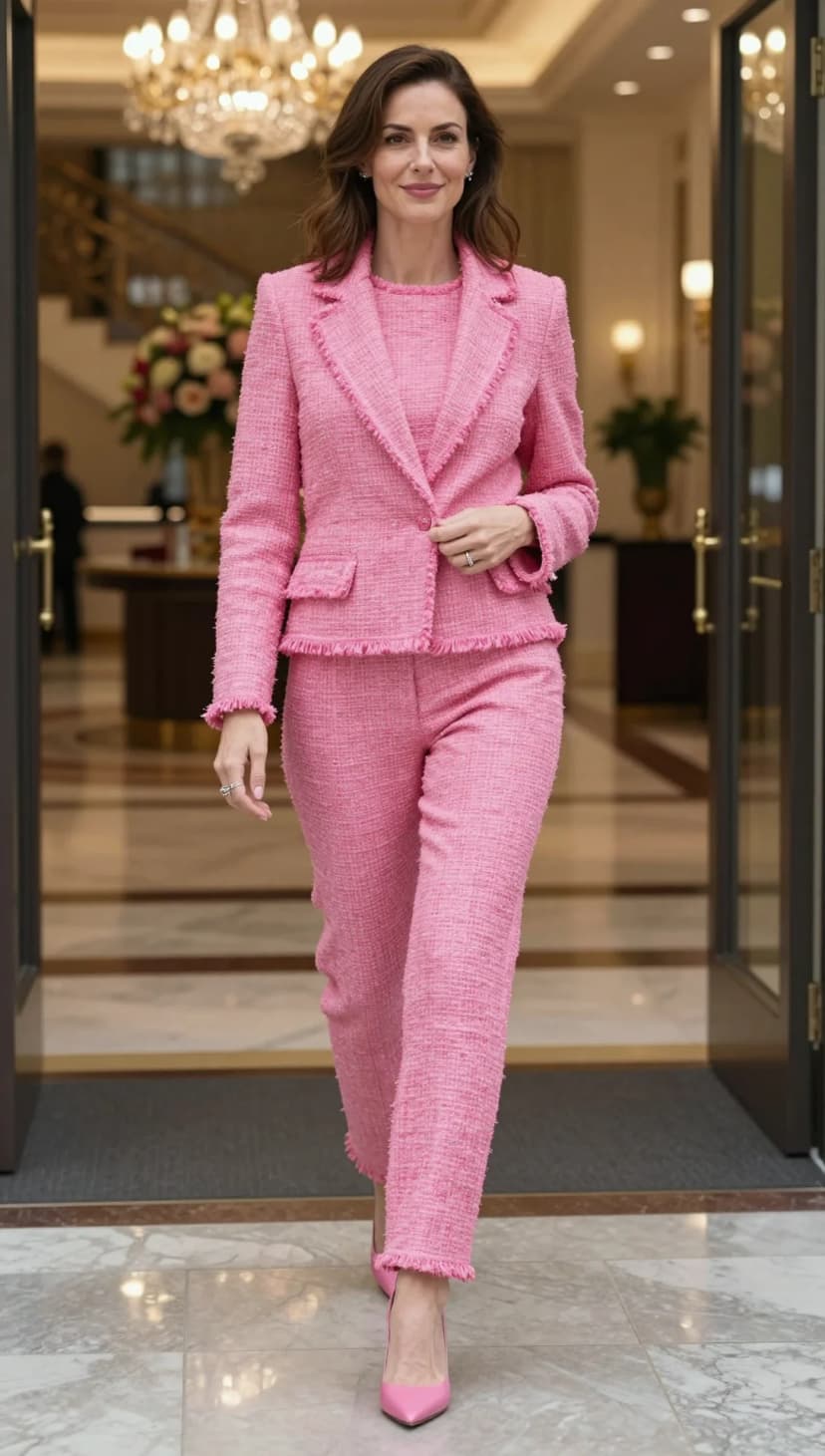 Pink Tweed Cropped Blazer + Pink Tweed Cropped Trousers + Pink Leather Pointed Heels