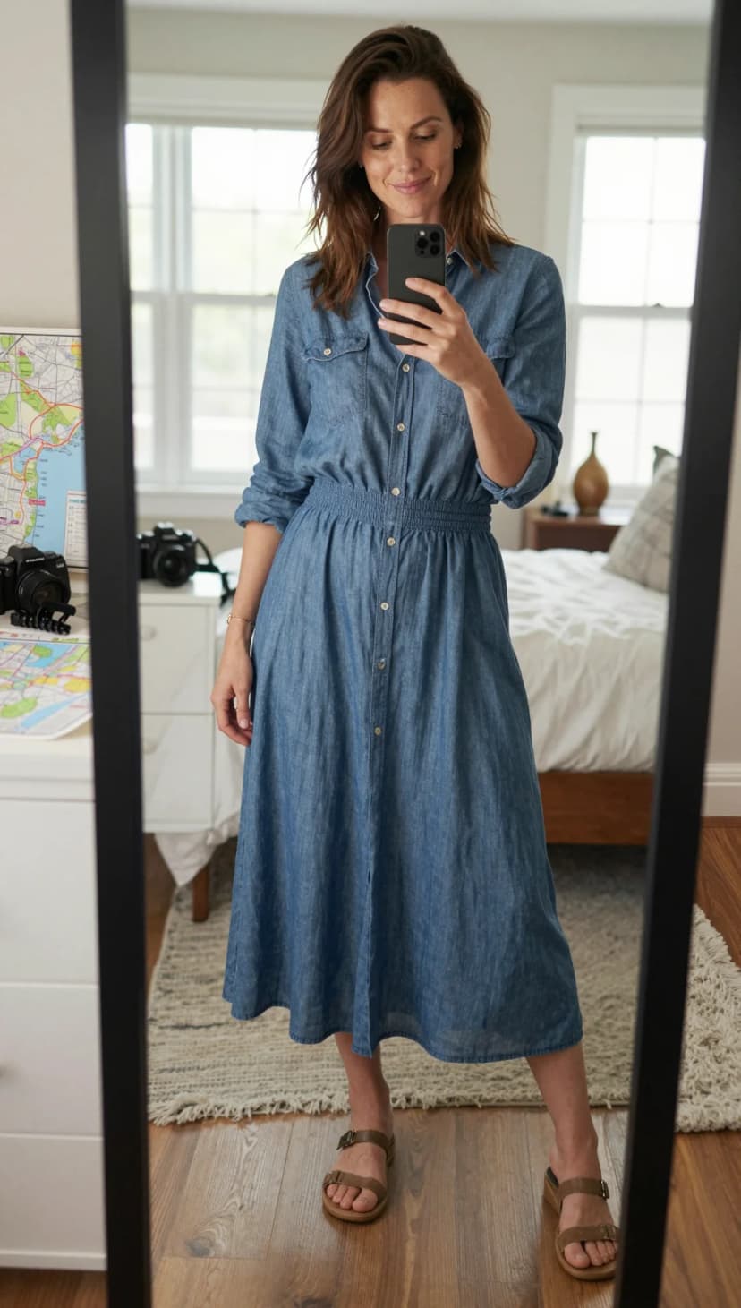 Blue Chambray Button-Up Midi Dress + Brown Leather Platform Sandals