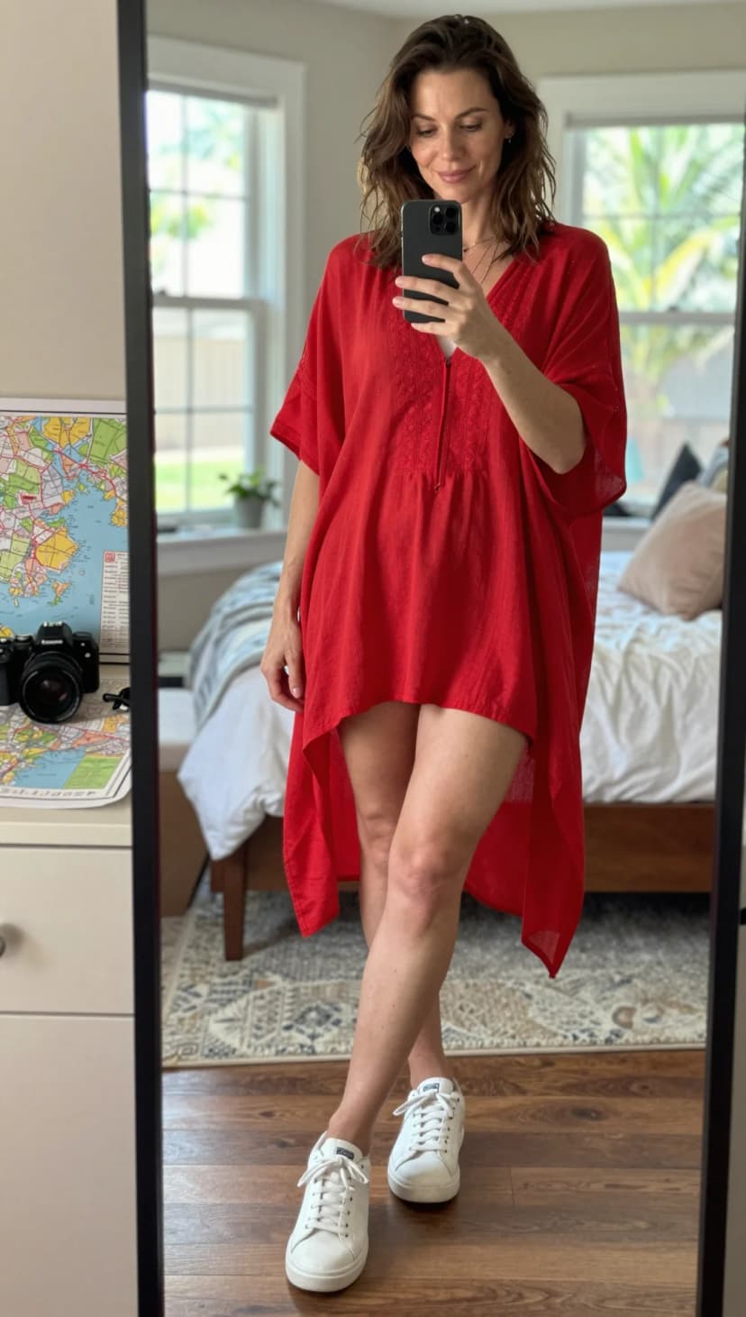 Red Cotton Kaftan + White Leather Sneakers