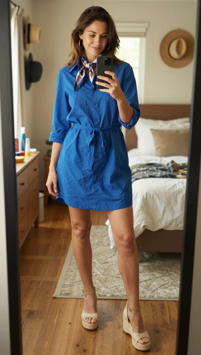 Cobalt Cotton Shirt Dress + Multicolor Silk Scarf + Natural Espadrille Wedges