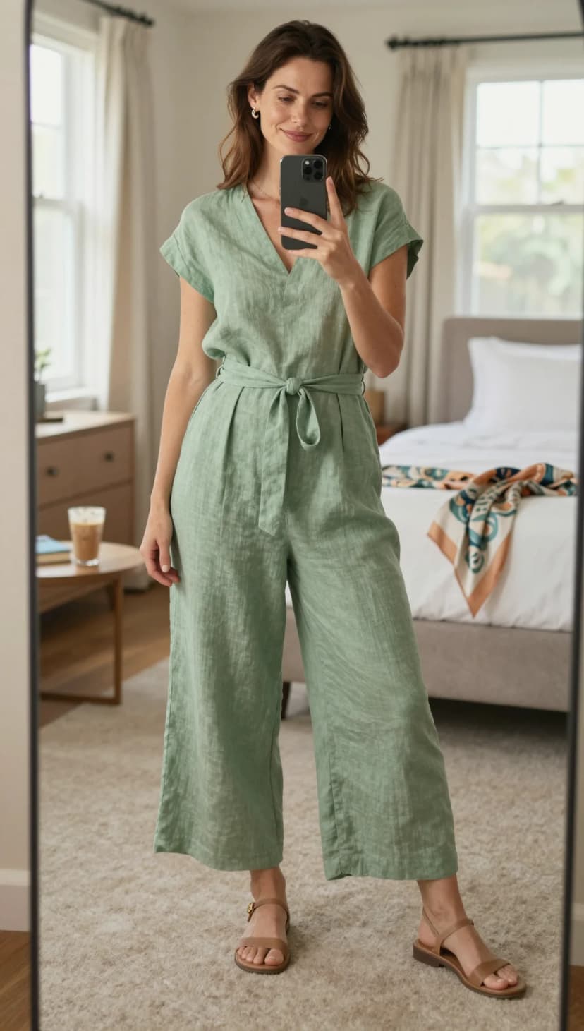 Sage Linen V-Neck Jumpsuit + Tan Leather Flat Sandals