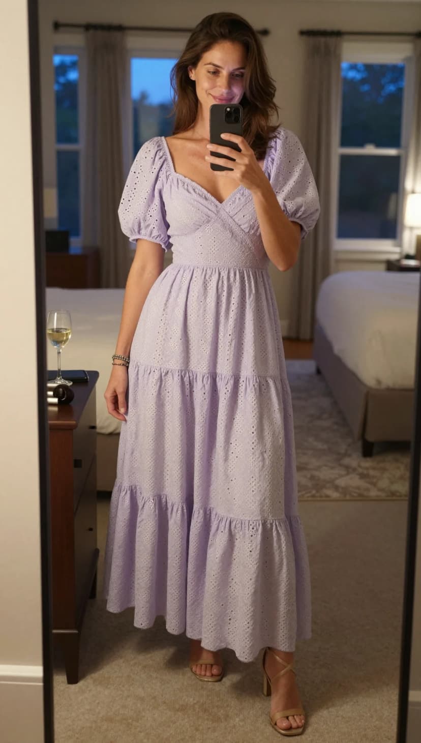 Lilac Eyelet Cotton Maxi Dress + Gold Strappy Heels