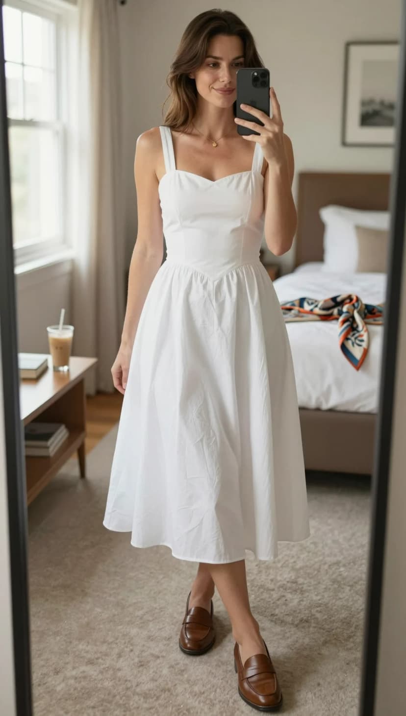 White Cotton Sundress + Brown Leather Loafers
