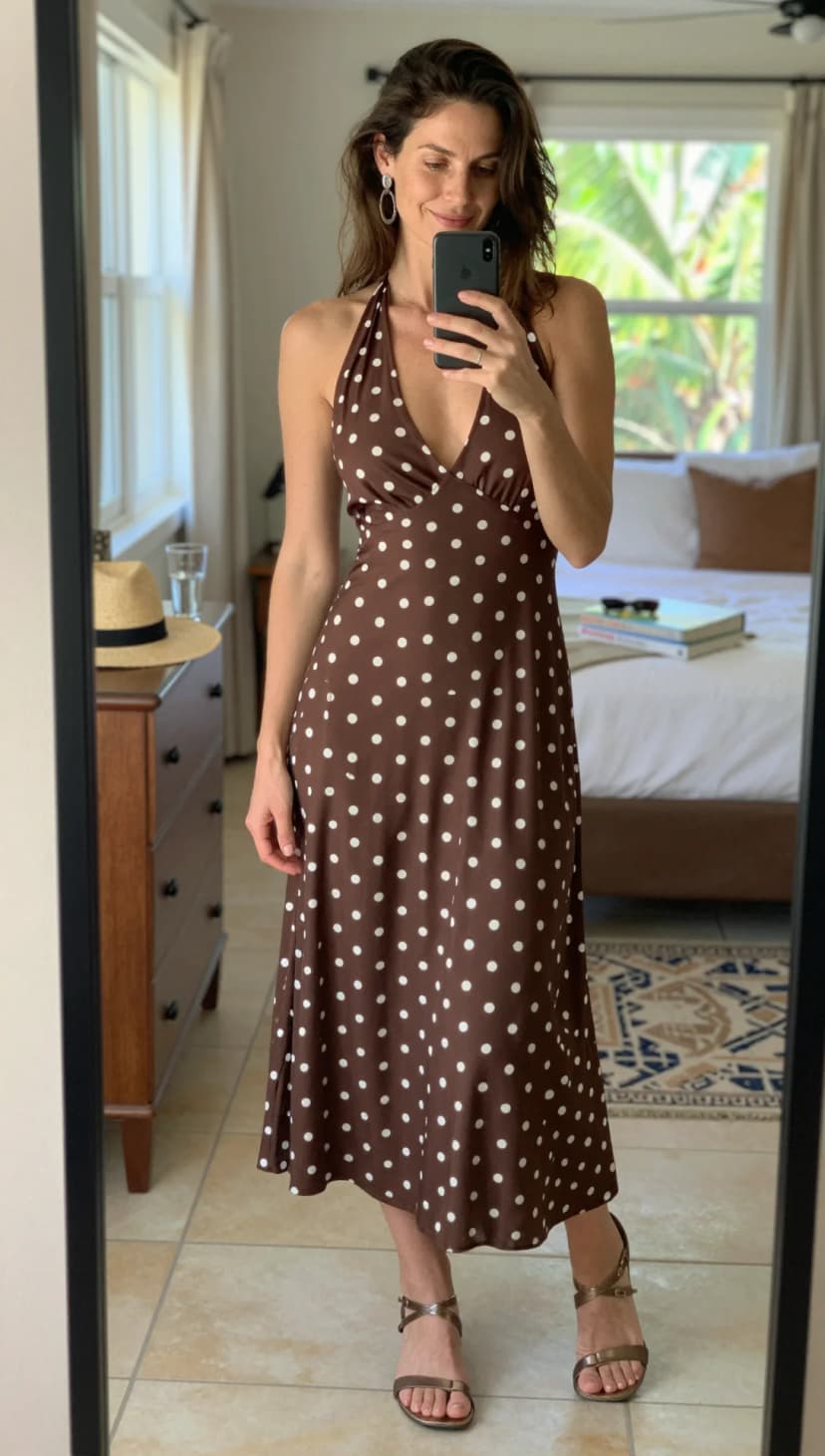 Brown Polka Dot Silk Halter Dress + Bronze Strappy Heels
